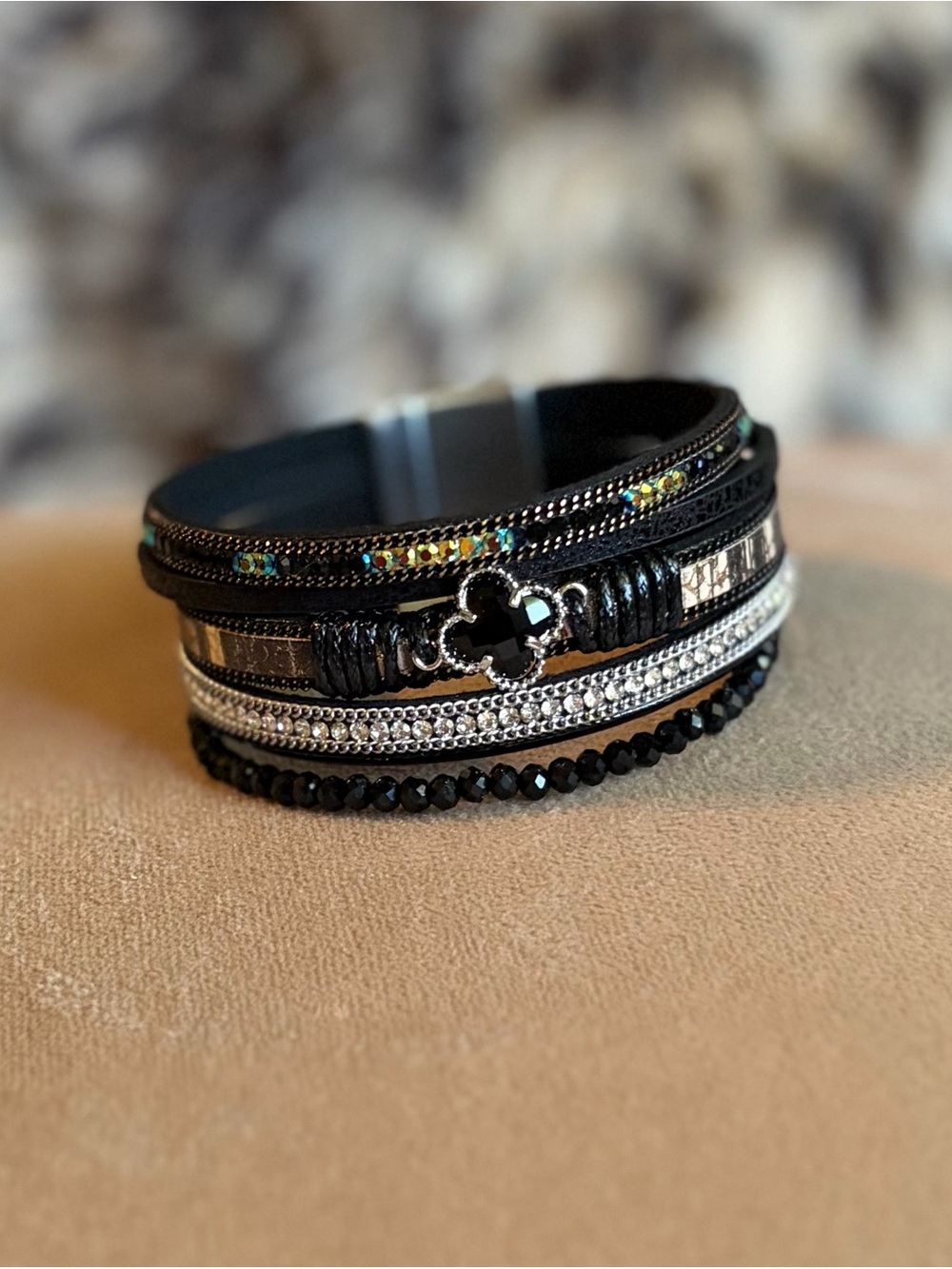 Multi-Row Black & Silver Beaded Bracelet #1153